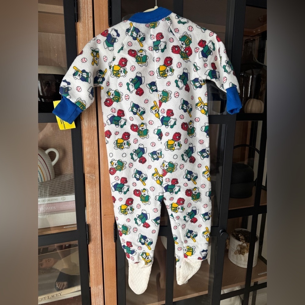 Nwt Vintage 80s Baseball Teddy Bear Footies Baby Toddler Boy Fleece Coverall Zip — image 3 of 8